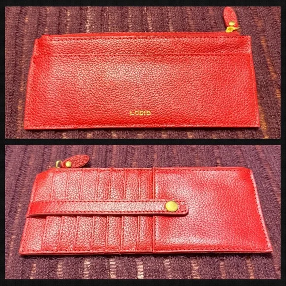 Lodis Red Leather Long Wallet slim Card & Zip Wallet with Gold tone accents - Picture 3 of 9